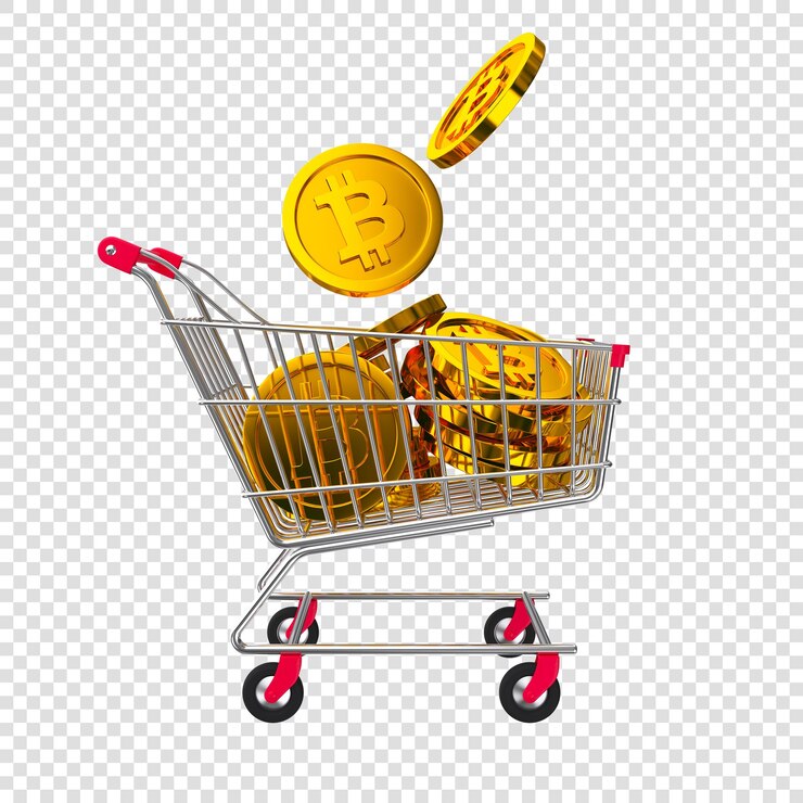 PSD criptomoneda de oro cayendo en el carrito de compras aislada representación 3d moneda comprada ilustración