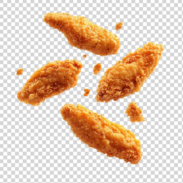 crispy chicken fingers falling in the air isolated on transparent background