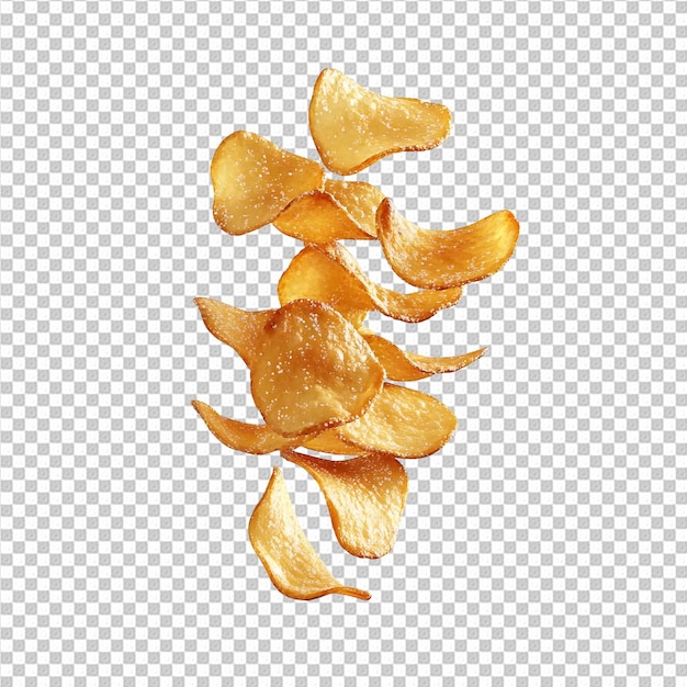 Crispy Golden Potato Chips cayendo por el aire aislados en un fondo transparente PNG