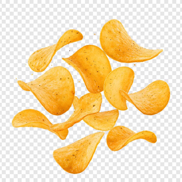 Crispy Potato Chips in Air on transparent background