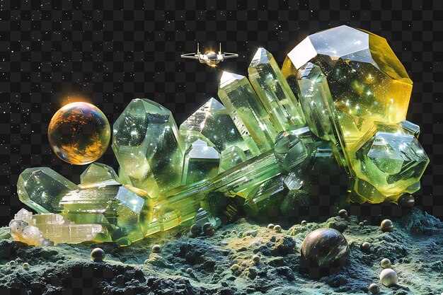 PSD cristais de moldavita translúcidos luminescentes e agrupados e contorno de colagem de arte de vidro