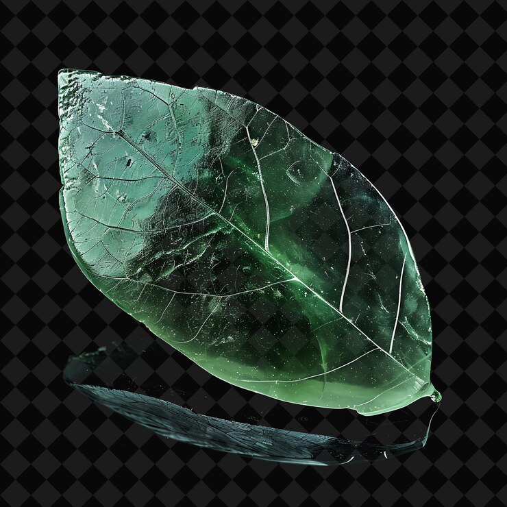 PSD cristal de jade con una forma en forma de hoja y un rico color verde png objeto de neón en fondo oscuro