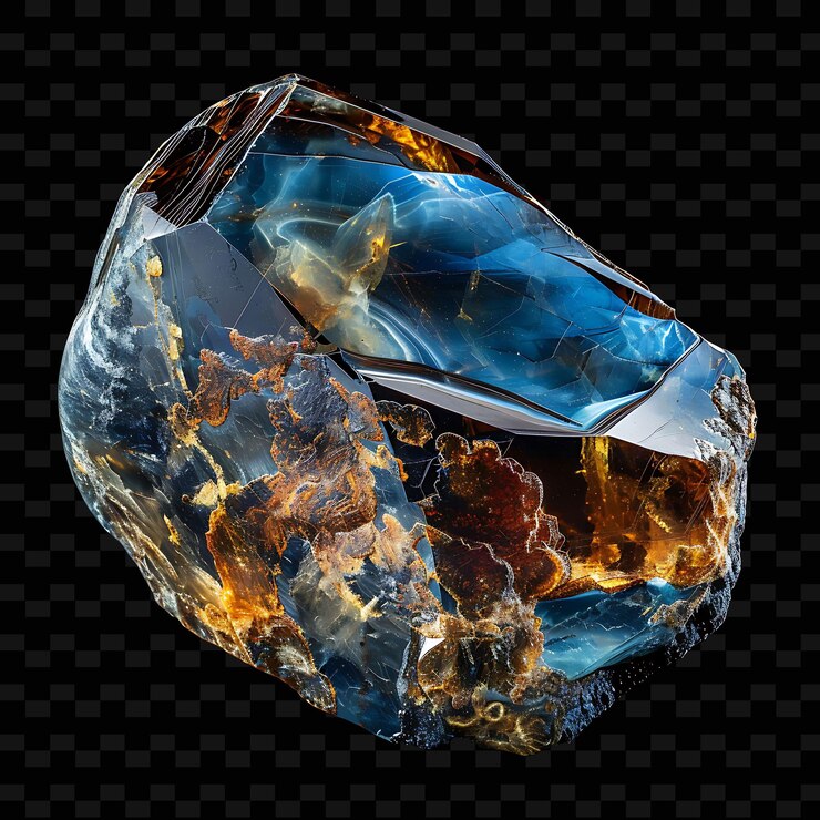 PSD cristal de pietersita con forma irregular color marrón azul y objeto gradiente en fondo oscuro