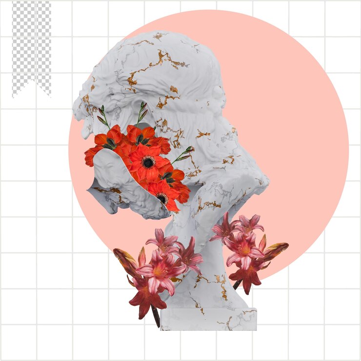PSD cristo sul crocifisso statue 3d render collage con petali di fiori composizioni per il vostro lavoro
