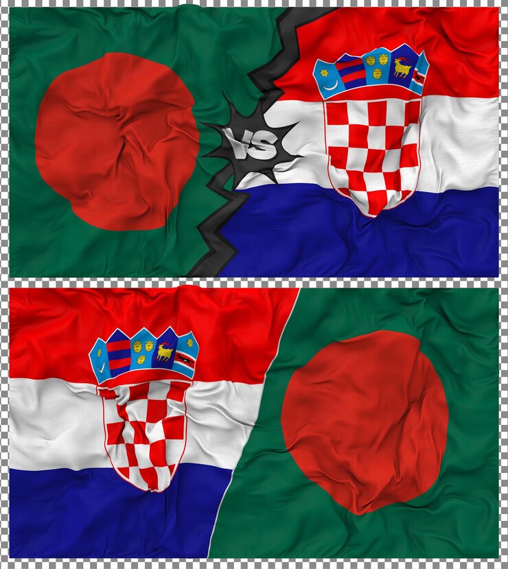 PSD croacia contra bangladesh media bandera combinada con textura 3d de la tela