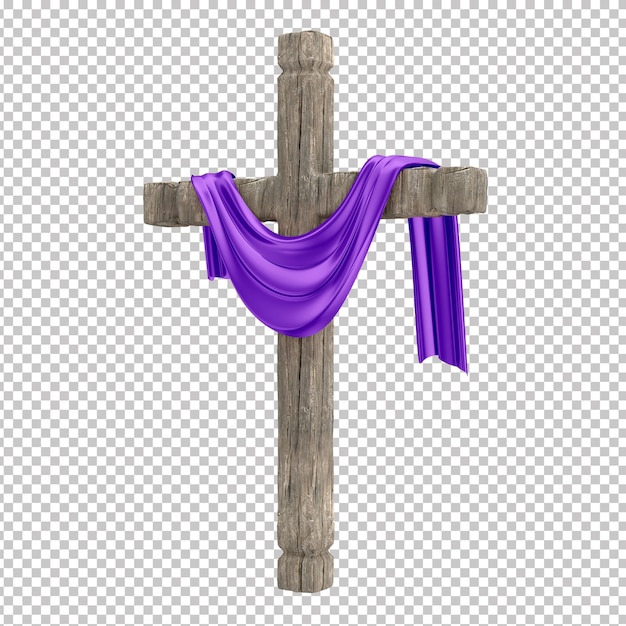 Croce cattolica con tessuto viola che simboleggia il lutto per Cristo sfondo trasparente
