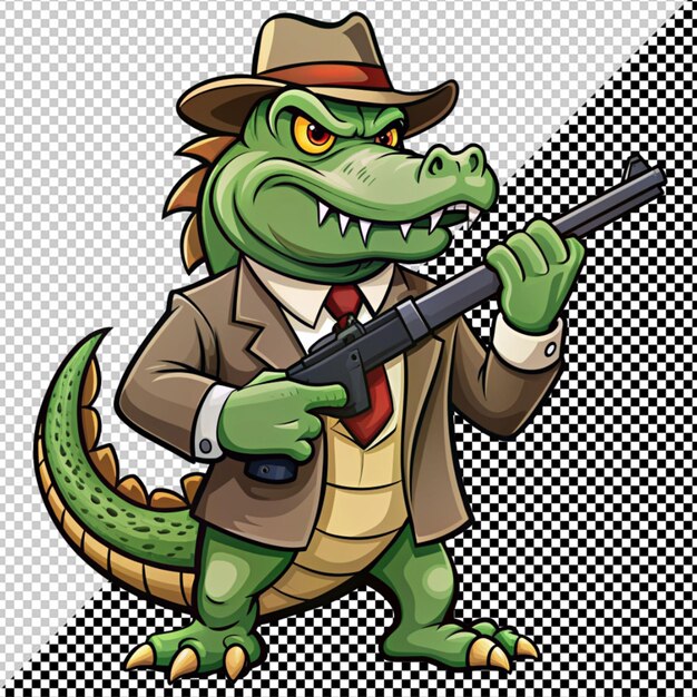 PSD crocodile de dessin animé avec vecteur de pistolet sur fond transparent