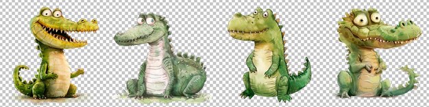 Des Crocodiles De Dessin Animé Dans Diverses Poses Isolés Sur Un Fond Transparent