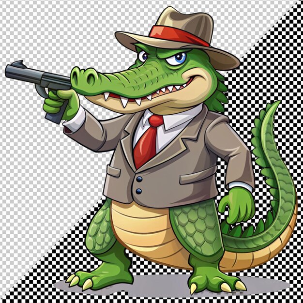 PSD crocodilo de desenho animado com vetor de arma em fundo transparente