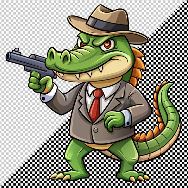 PSD crocodilo de desenho animado com vetor de arma em fundo transparente