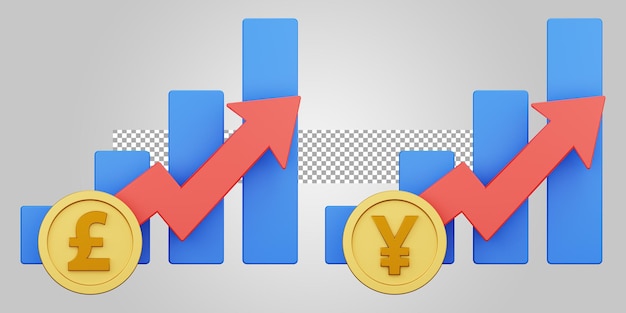 PSD croissance monnaie économie livre yen sur fond transparent illustration 3d