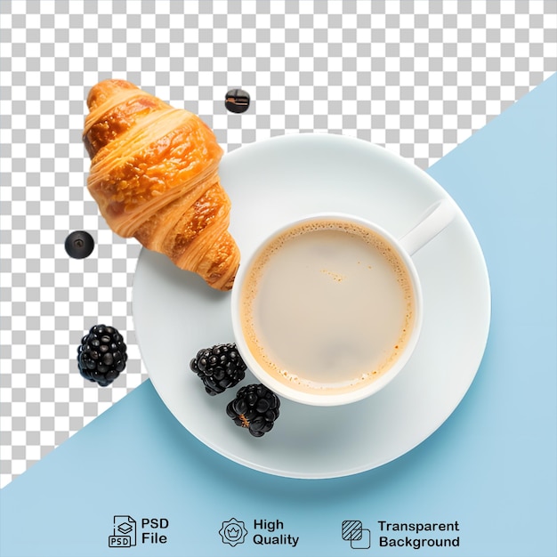 PSD croissant com xícara de café e morango isolado em fundo transparente inclui arquivo png