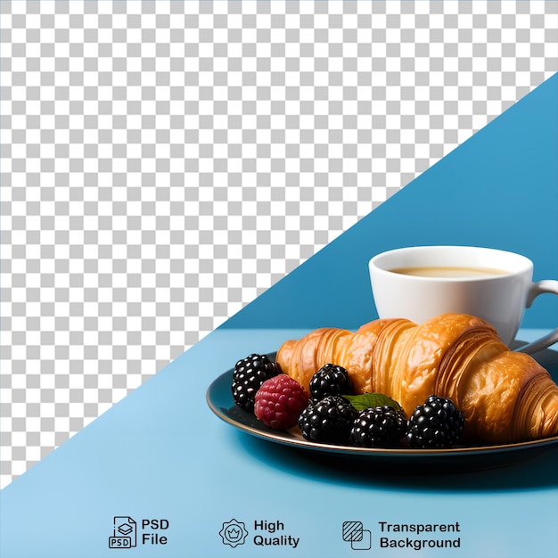 PSD croissant com xícara de café e morango isolado em fundo transparente inclui arquivo png