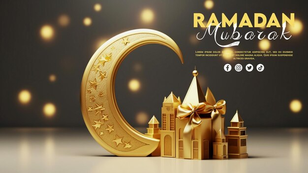 Le Croissant De Lune D'or Du Ramadan Avec Des Boîtes-cadeaux, Une Bannière De Fond, Une Carte De Modèle Social.