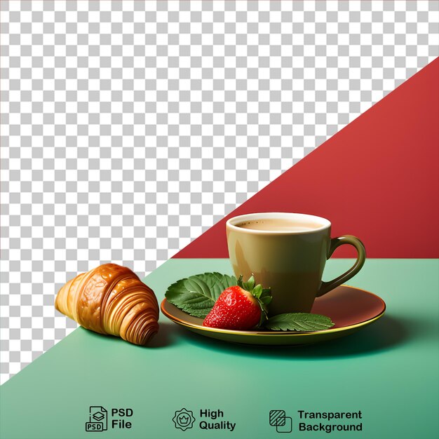 PSD croissant mit kaffeetasse, isoliert auf durchsichtigem hintergrund, enthält eine png-datei