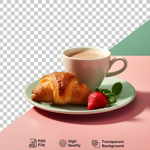 PSD croissant mit kaffeetasse, isoliert auf durchsichtigem hintergrund, enthält eine png-datei