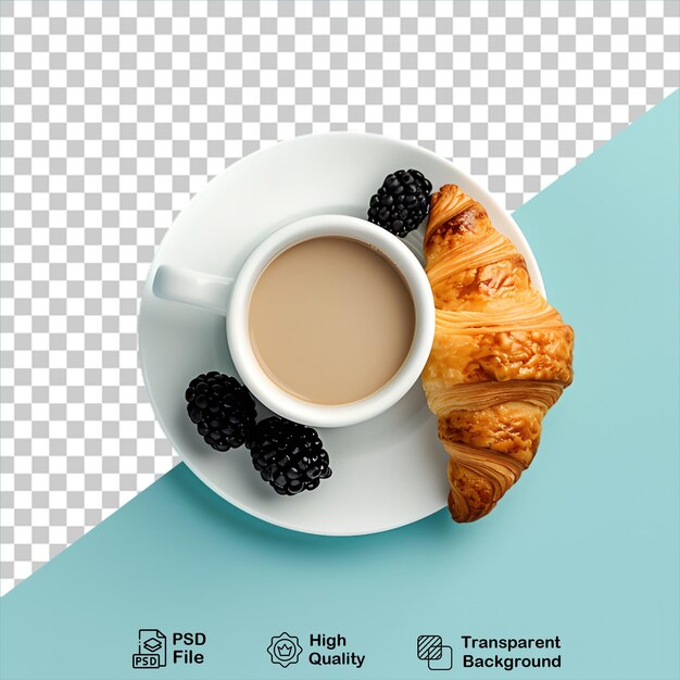 PSD croissant mit kaffeetasse und schwarzbeere, isoliert auf durchsichtigem hintergrund, enthält eine png-datei