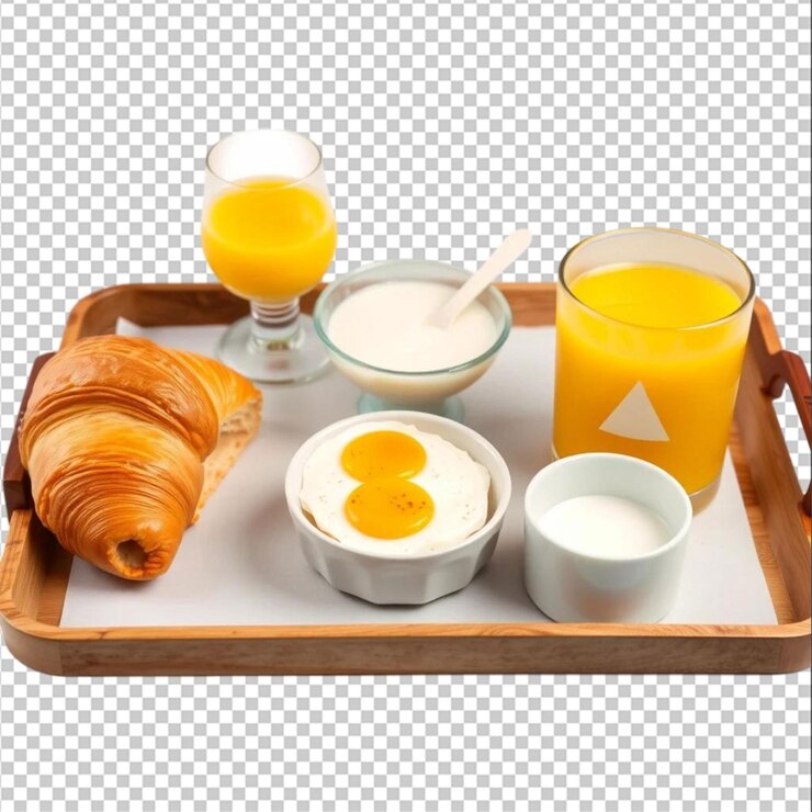 PSD croissant ovo cozido suco de laranja iogurte pequeno-almoço em bandeja isolado no branco