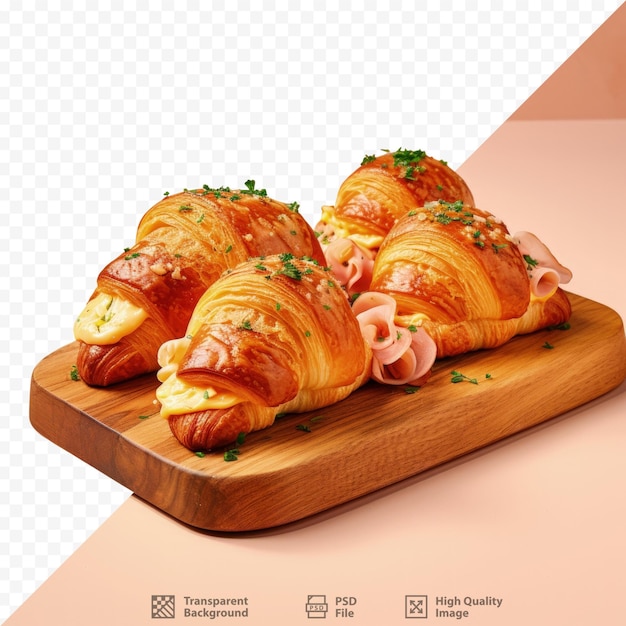 PSD croissant-sandwiches auf holz, croissants mit ei-käse, petersilie, huhn, schinken und lachs