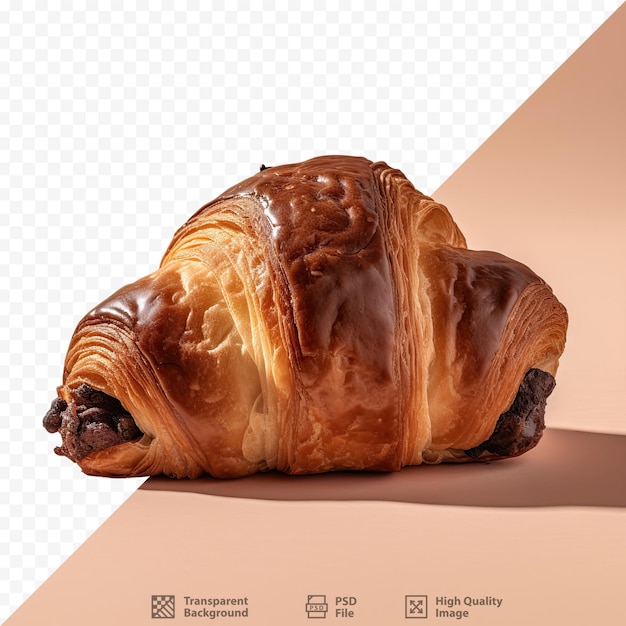 Un croissant está sobre una mesa y la imagen de un perro está sobre un fondo transparente.