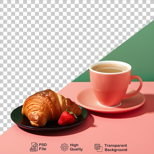 Croissant Avec Tasse De Café Et Fraise Isolé Sur Fond Transparent Inclure Fichier Png