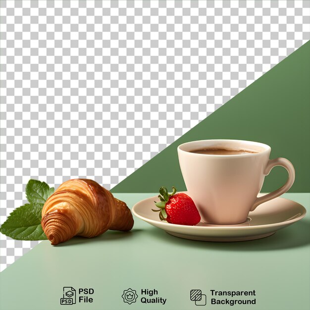 PSD croissant avec tasse de café et fraise isolé sur fond transparent inclure fichier png