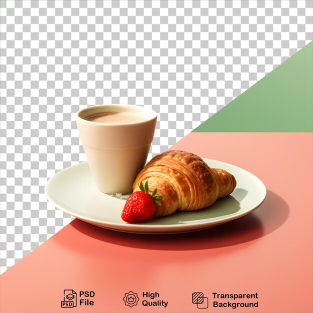 PSD croissant avec tasse de café et fraise isolé sur fond transparent inclure fichier png