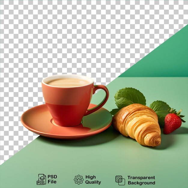 PSD croissant con taza de café y fresa aislado en fondo transparente incluye archivo png