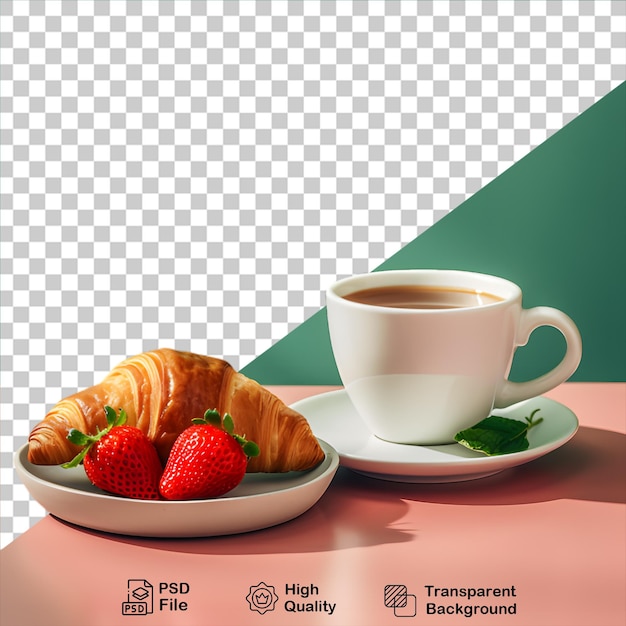 PSD croissant con taza de café y fresa aislado en fondo transparente incluye archivo png