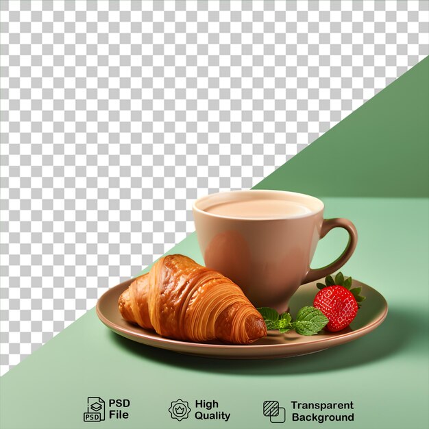 PSD croissant con taza de café y fresa aislado en fondo transparente incluye archivo png