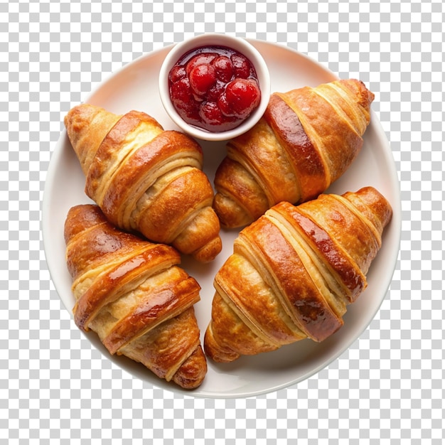 Croissants con conservas de fresa en un plato blanco aislado sobre un fondo transparente