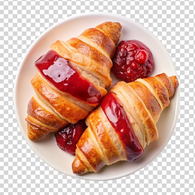 Croissants con conservas de fresa en un plato blanco aislado sobre un fondo transparente