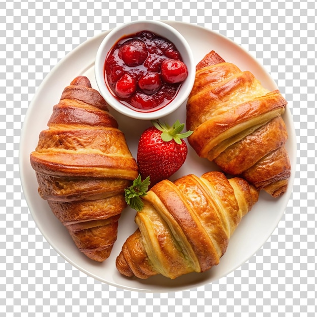 PSD croissants avec conserves de fraises sur plaque blanche isolée sur fond transparent