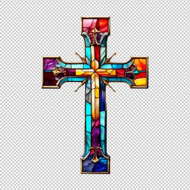 PSD une croix ornée de vitraux colorés sur un fond transparent isolé