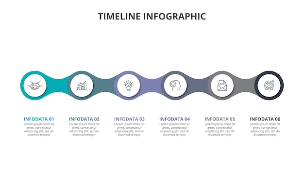 PSD cronograma infográfico gráfico de processo diagrama de círculo com 6 etapas opções de peças ou processos