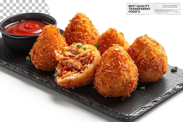 PSD croquetas de pollo frito coxinha llenas de pollo triturado sobre un fondo transparente