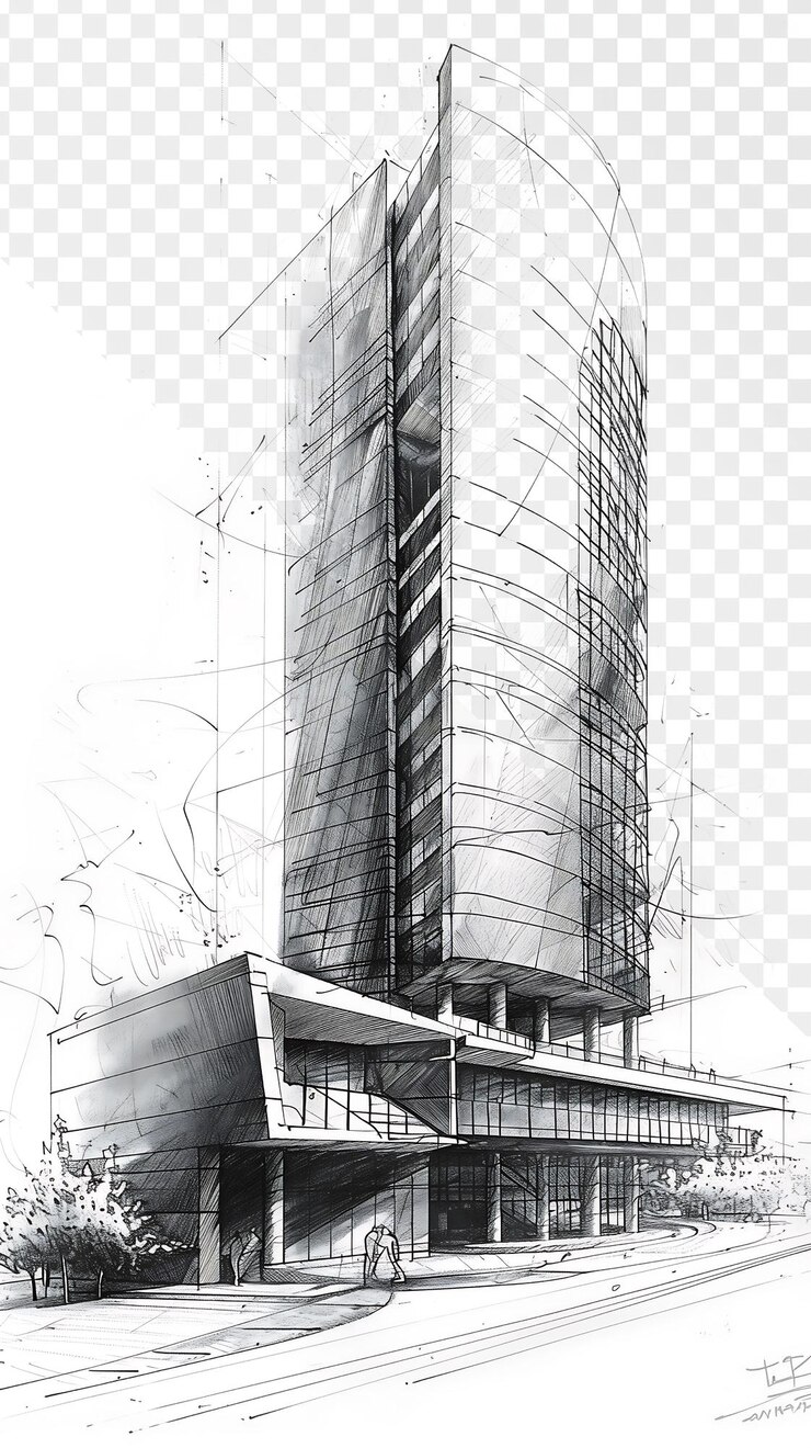 PSD le croquis architectural d'une tour de bureaux moderne sur papier blanc