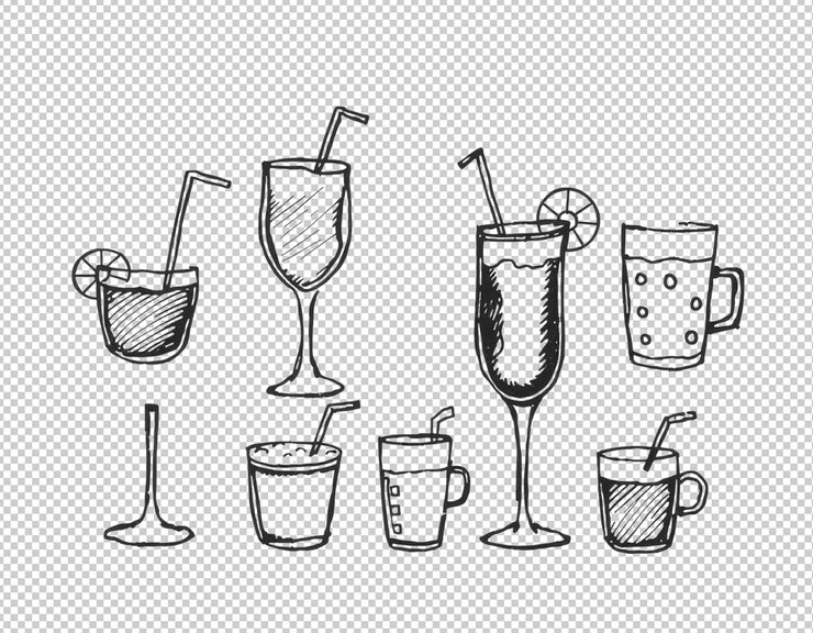 PSD un croquis de boissons et de verres avec une paille dessus