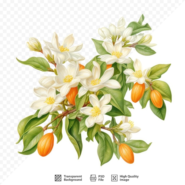 PSD un croquis d'une branche d'une plante à fleurs avec des fleurs orange.