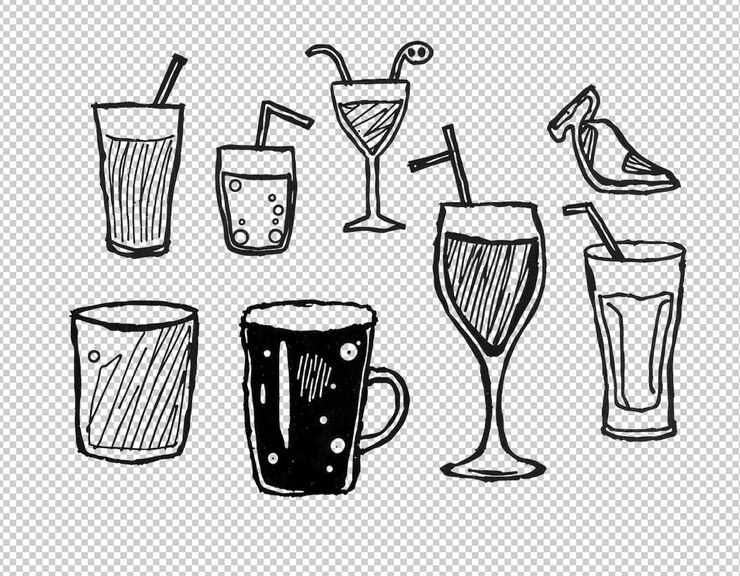 PSD un croquis de différentes boissons et une tasse de café