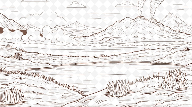 PSD un croquis d'un lac de montagne avec une rivière et un paysage de montagne