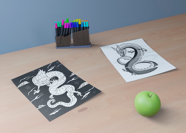 PSD croquis de serpent monochrome et pomme à côté