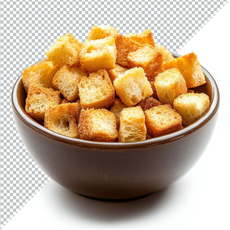 PSD croutons crujientes en un cuenco marrón sobre un fondo transparente limpio ideal para ensaladas o sopas croutons crispientes en un recipiente aislado sobre un fondo transparent foto de stock