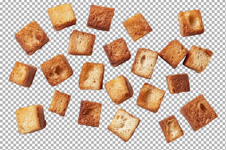 PSD croutons dorados crujientes esparcidos sobre un fondo blanco listos para ensaladas y sopas