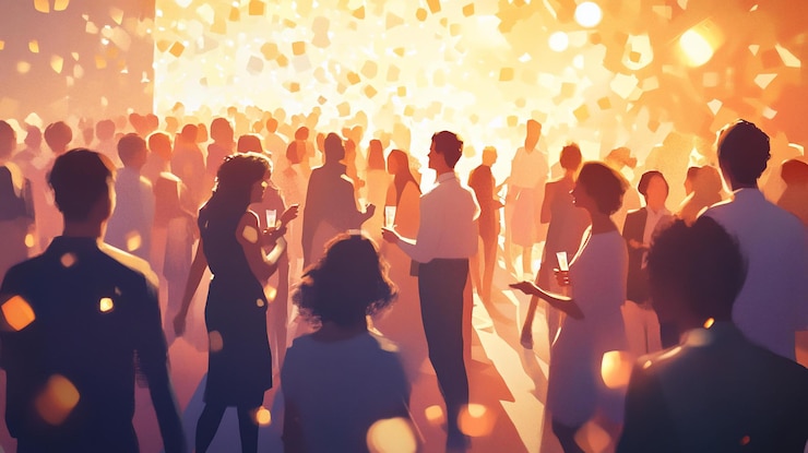 PSD crowd of people at a celebratory event confetti falling warm lighting