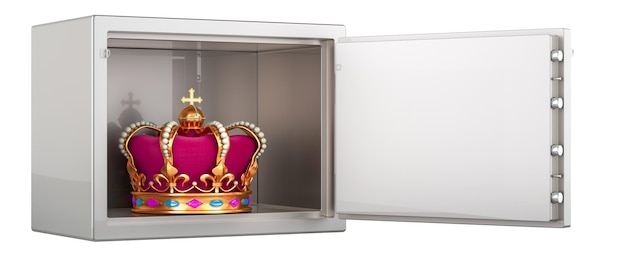 Crown inside safe box with combination lock 3D rendering isolated on transparent background