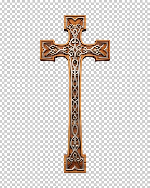 Crucifijo católico de madera grabado símbolo de la cruz aislado sobre un fondo transparente