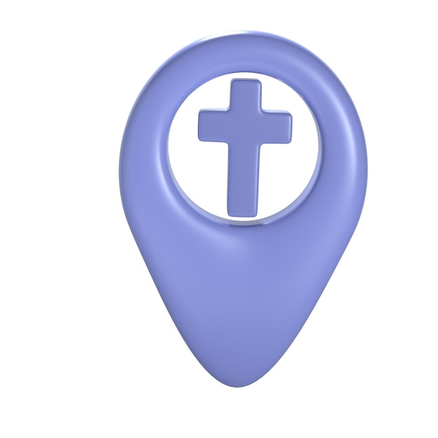 Cruz azul cristã 3d geotag ícone gps elemento para igreja lugar endereço de edifício religioso objeto