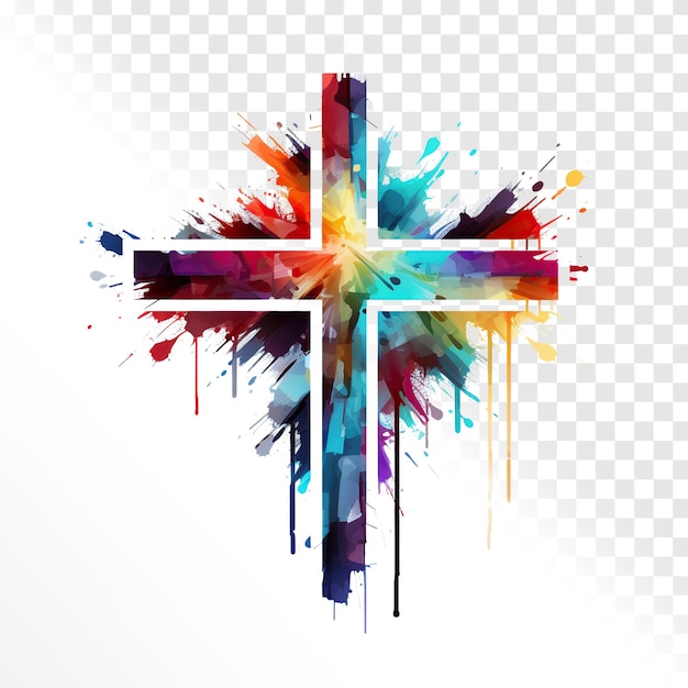 Cruz de aquarela religiosa de cores completas em um fundo transparente