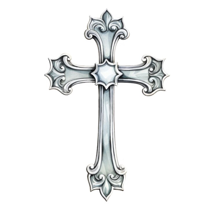 PSD cruz de plata adornada con fleurdelis y detalles de estrellas